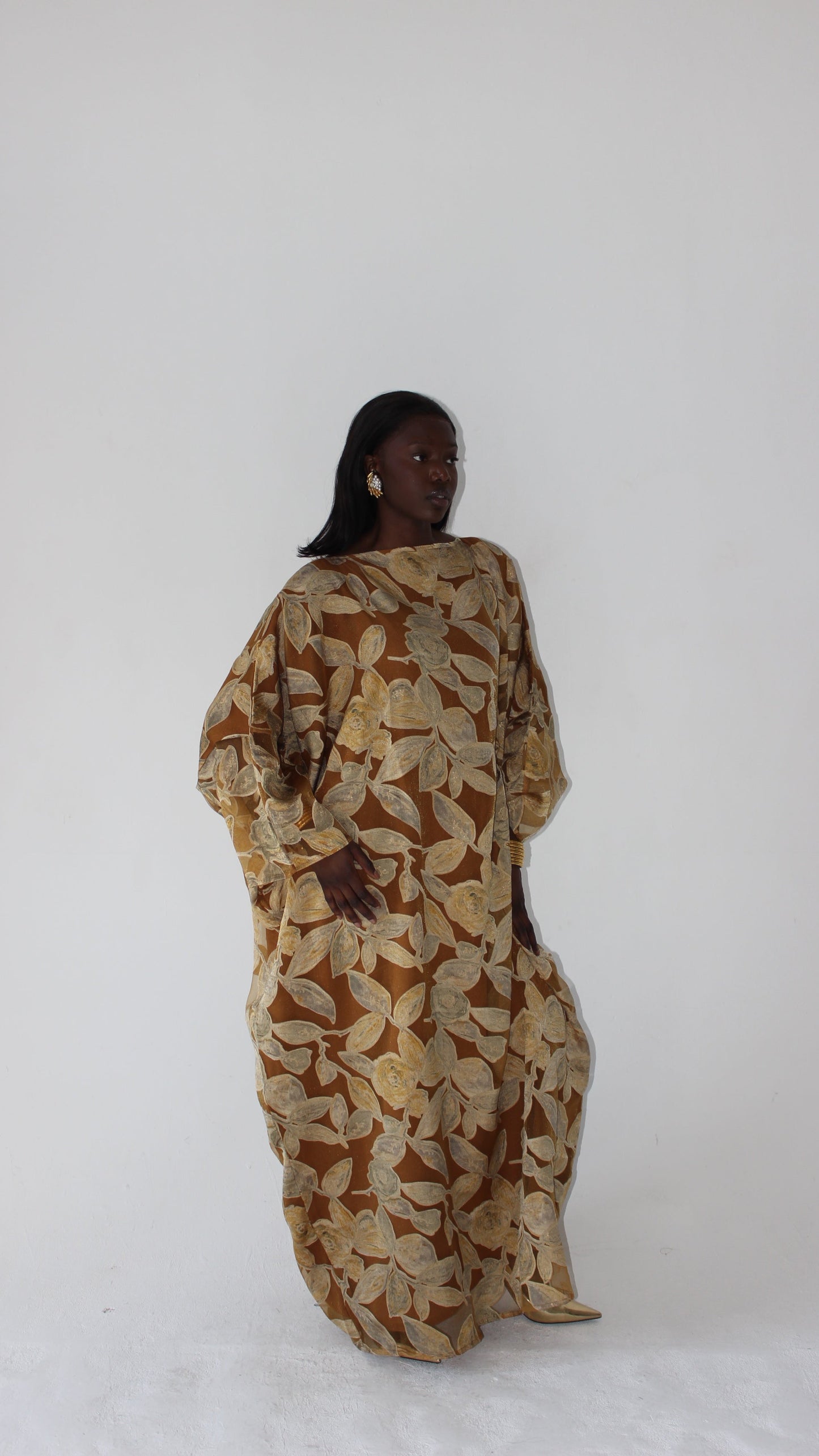 Awa Print Kaftan Style Dress in Mustard