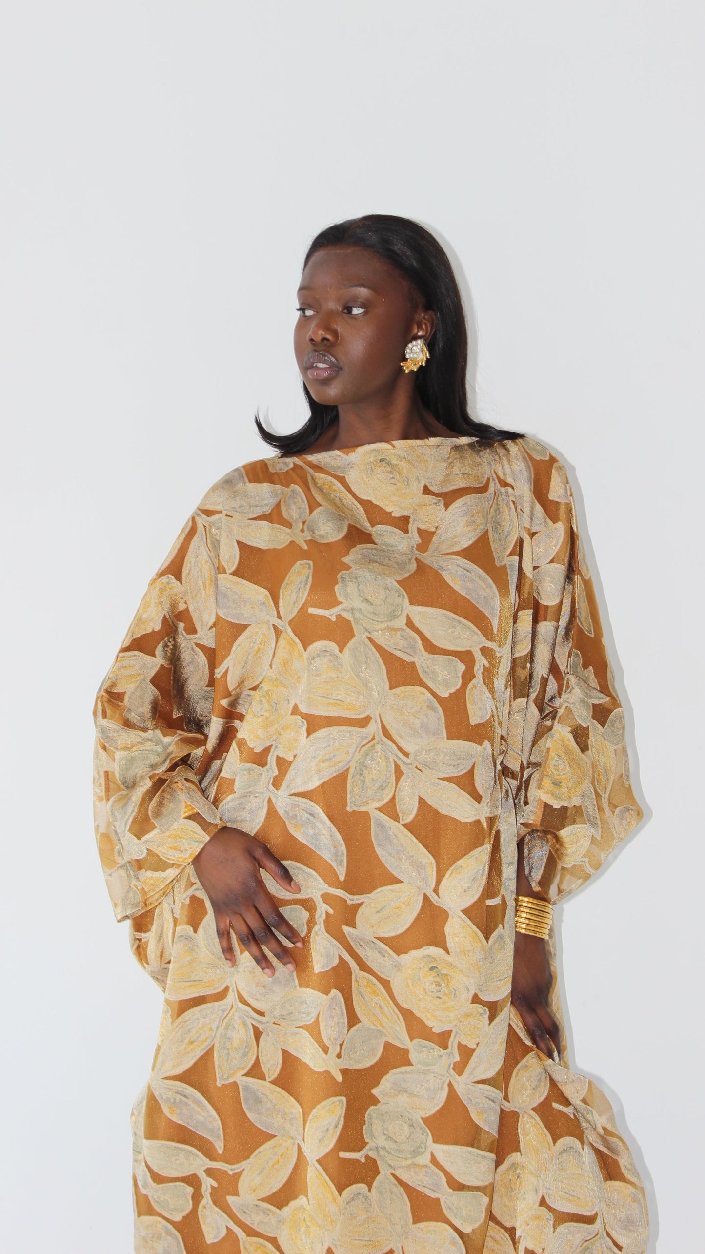 Awa Print Kaftan Style Dress in Mustard