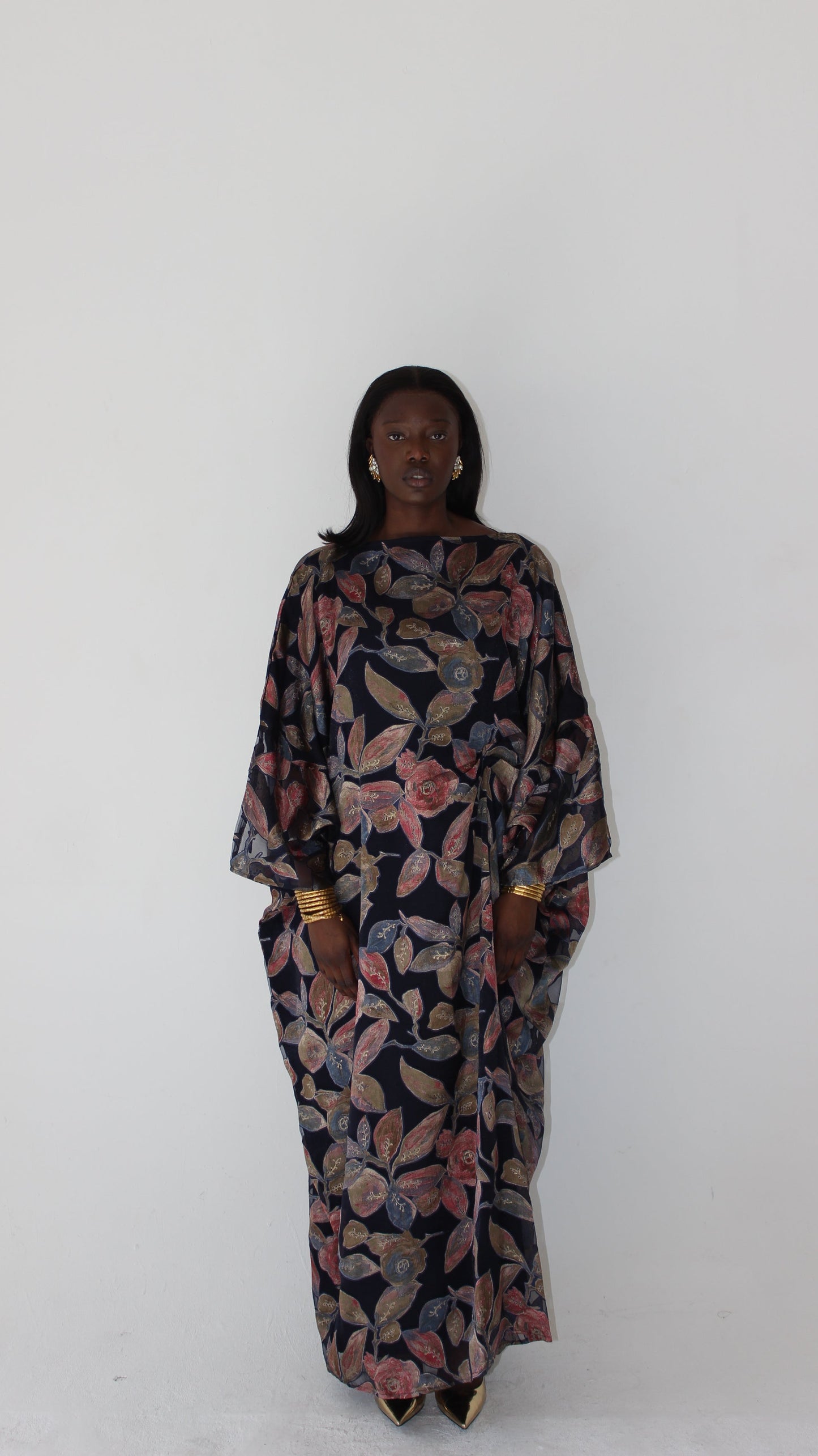 Awa Print Kaftan Style Dress in Dark Blue