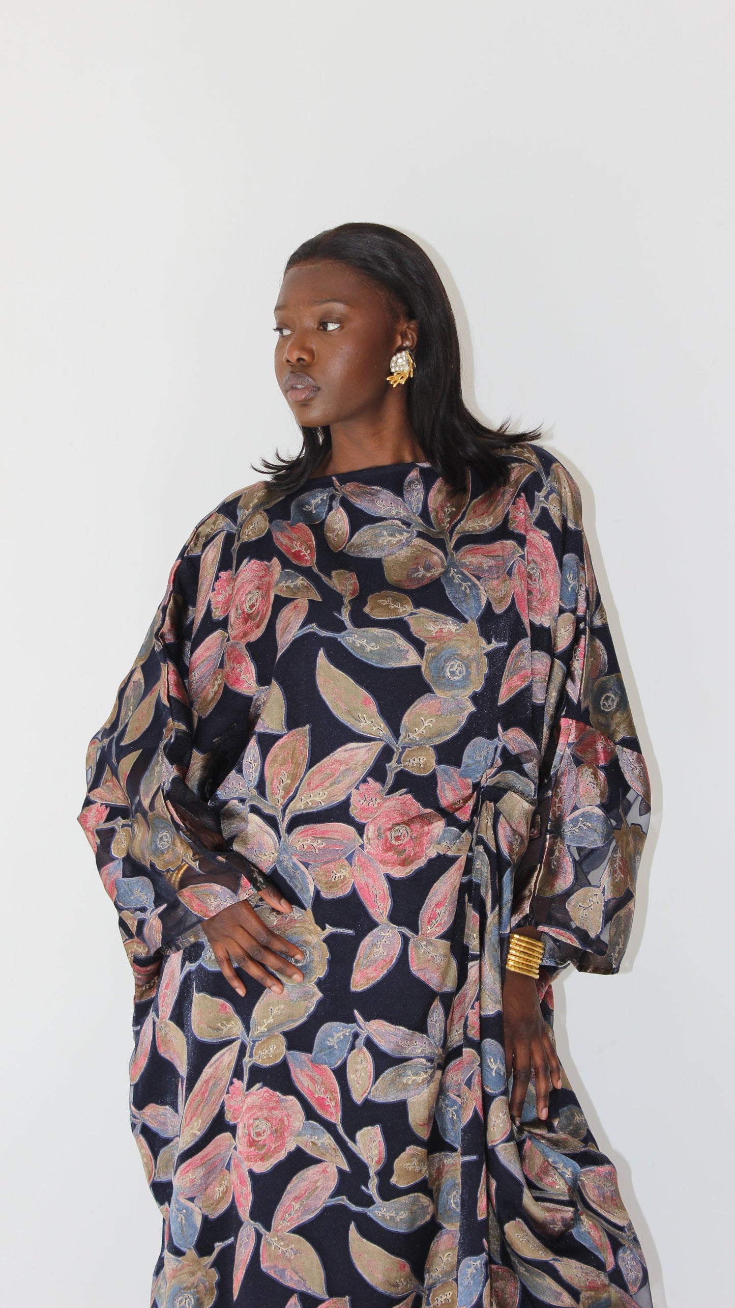 Awa Print Kaftan Style Dress in Dark Blue