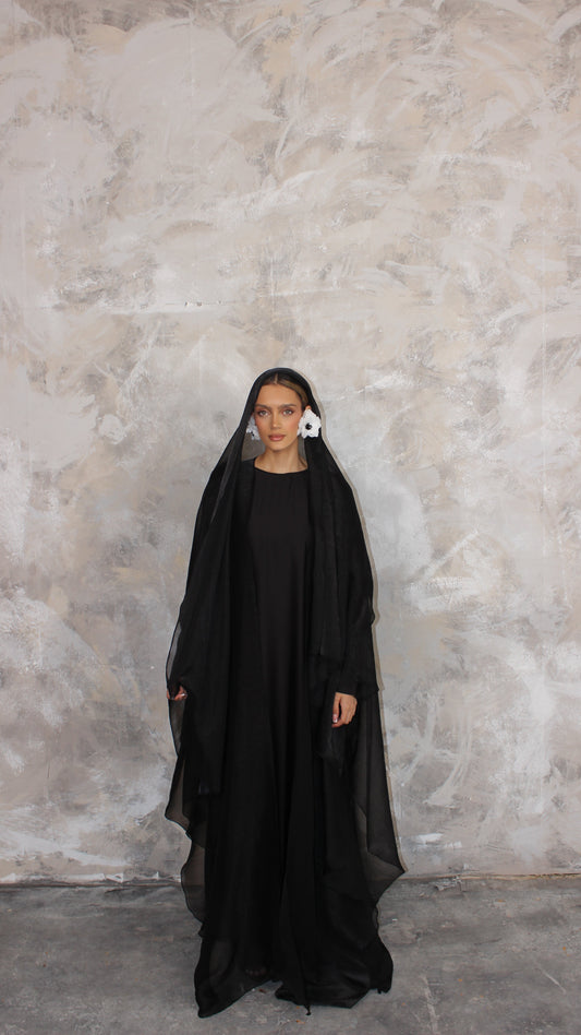 Alaia Organza Abaya and Scarf Set in Black
