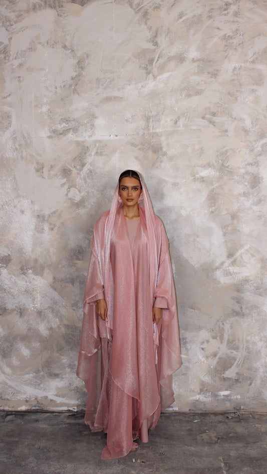 Alaia Organza Abaya and Scarf Set in Pink