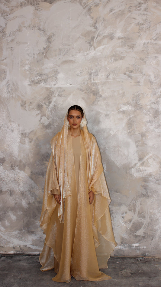 Alaia Organza Abaya and Scarf Set in Pastel Peach