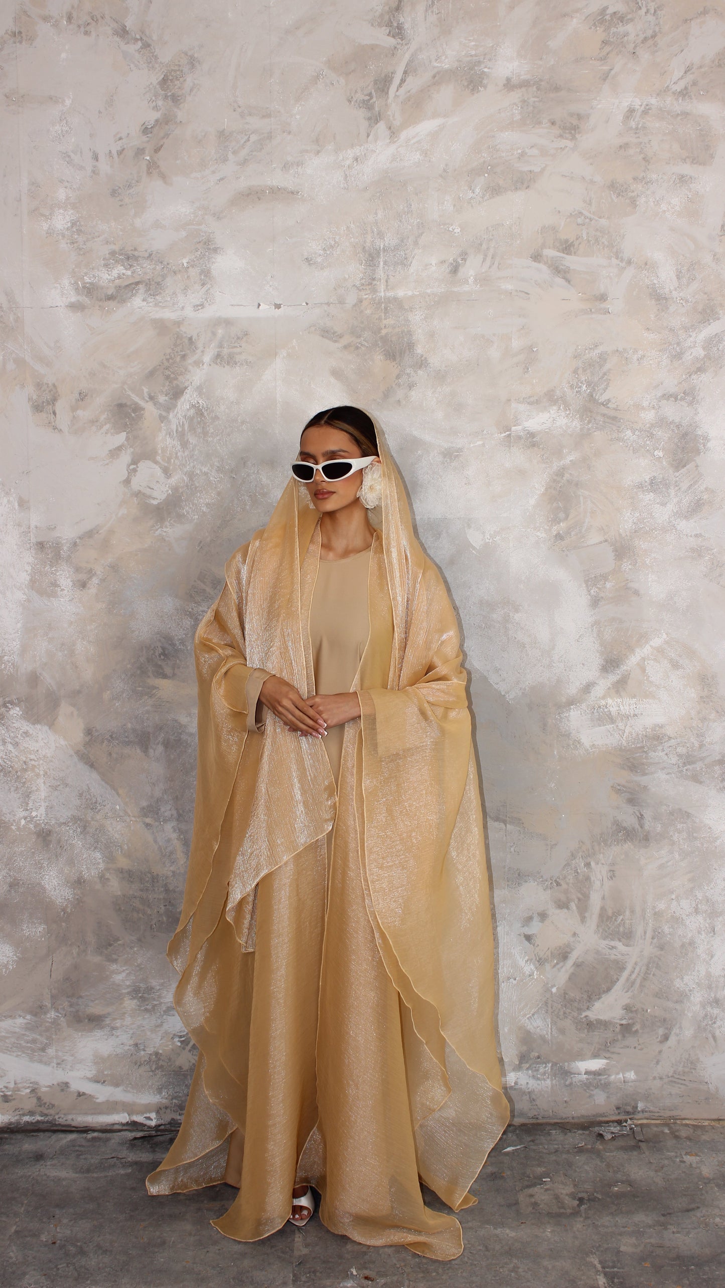 Alaia Organza Abaya and Scarf Set in Pastel Peach