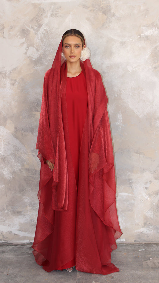 Alaia Organza Abaya and Scarf Set in Red